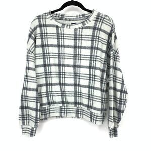 Gap Womens Size Medium Plaid Sherpa Fleece Pullover Sweatshirt Gray White